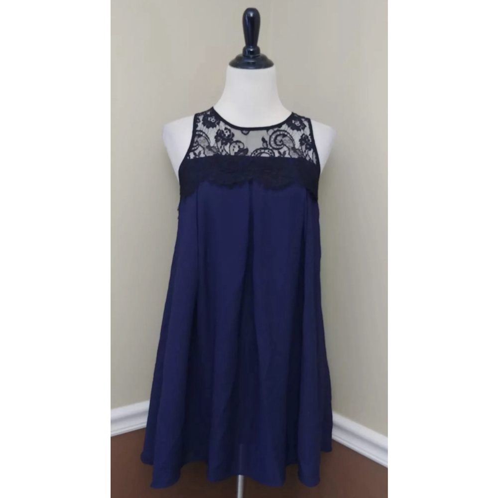 Alythea ModCloth Navy Blue Sheer Black Lace Yoke Cocktail Party Flowy Dress